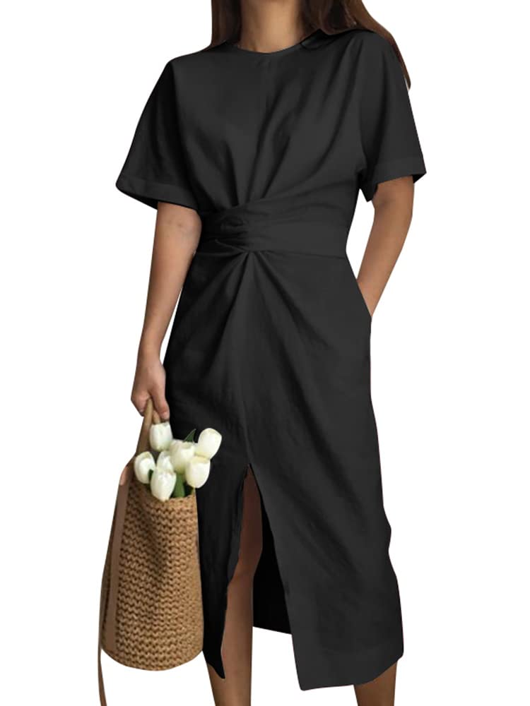 VONDA Women's Split Midi Wrap Dress with Tie Detail - Short Sleeve Summer Party Work Casual T-Shirt Dress for Office, Date Night & Beach Outings