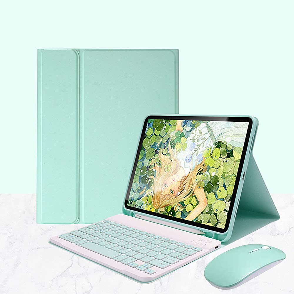 Antetek Detachable Wireless Keyboard Case with Mouse for iPad Air 4 (10.9 inch 2020 Model) - Slim Leather Smart Cover with Apple Pencil Holder (Green) - Perfect for Work, Travel & Home Office Use