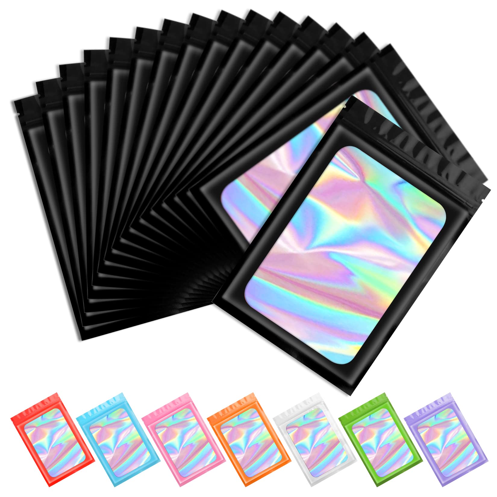 Funfery 100-Pack Black Smell Proof Mylar Holographic Bags - 4.3x7.5 Inch Resealable Odor Barrier Pouches for Food Storage, Lip Gloss, Jewelry & Eyelash Packaging | Small Business & Home Organization Solution