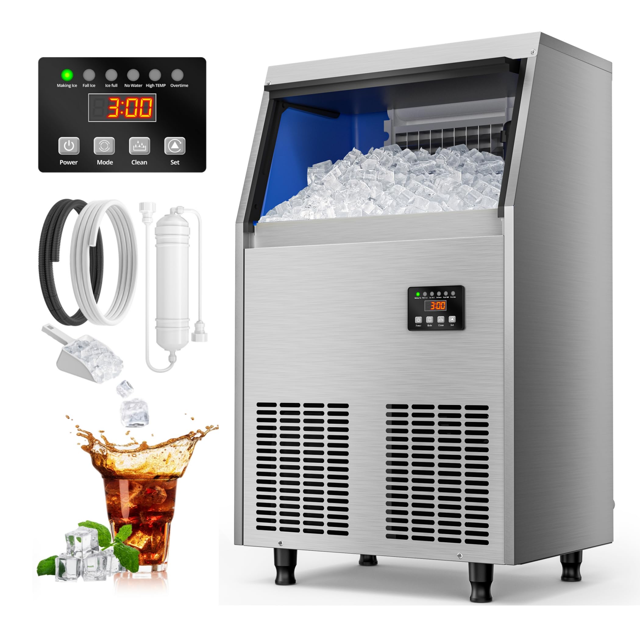 Commercial Ice Maker Machine 100LBS/24H, Under Counter Ice Maker with 34LBS Storage, Stainless Steel Ice Machine for Restaurant, Home Bar, Office, DOE Certified - Perfect for Cocktail Making, Party Serving and Commercial Kitchen Use