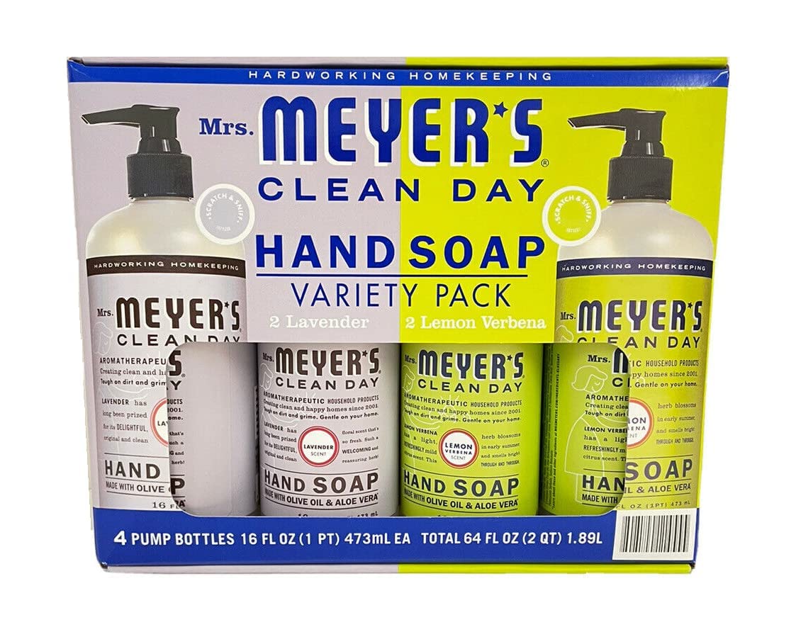 Mrs. Meyers Clean Day Hand Soap Variety Pack - 16 Fl Oz (4 Pack) | 64 Fl Oz Total | Lavender, Basil, Honeysuckle & Lemon Verbena | Eco-Friendly & Cruelty-Free Hand Wash for Kitchen, Bathroom & Office Use