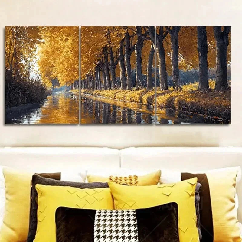3-Piece Golden Autumn River Trees Wall Art Set - Framed Canvas 50x70cm (20x28in) - High Quality Print - 100% Australian Made - Ready to Hang - Perfect for Living Room, Bedroom & Office Decor