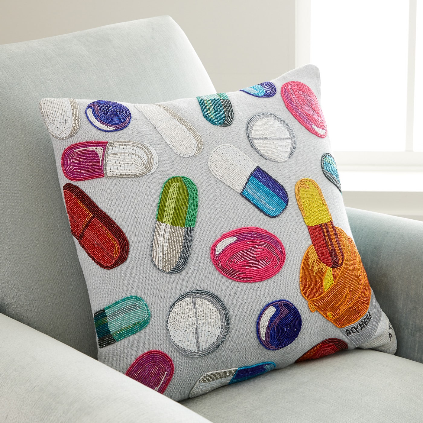 Happy Pills Beaded Pillow - Stress Relief & Anxiety Support - Decorative Boho Throw Pillow for Couch, Bedroom, Meditation Room & Yoga Studio
