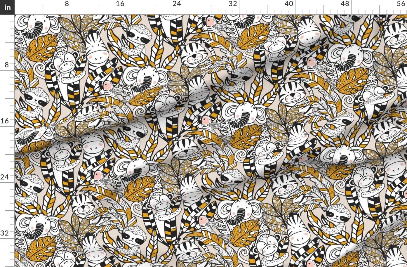 Jungle Animals Printed Organic Cotton Sateen Fabric - Gender Neutral Zebra Monkey Elephant Tropical Design for Sewing, Quilting, Apparel & Home Decor | Perfect for Baby Clothes, Curtains & DIY Crafts