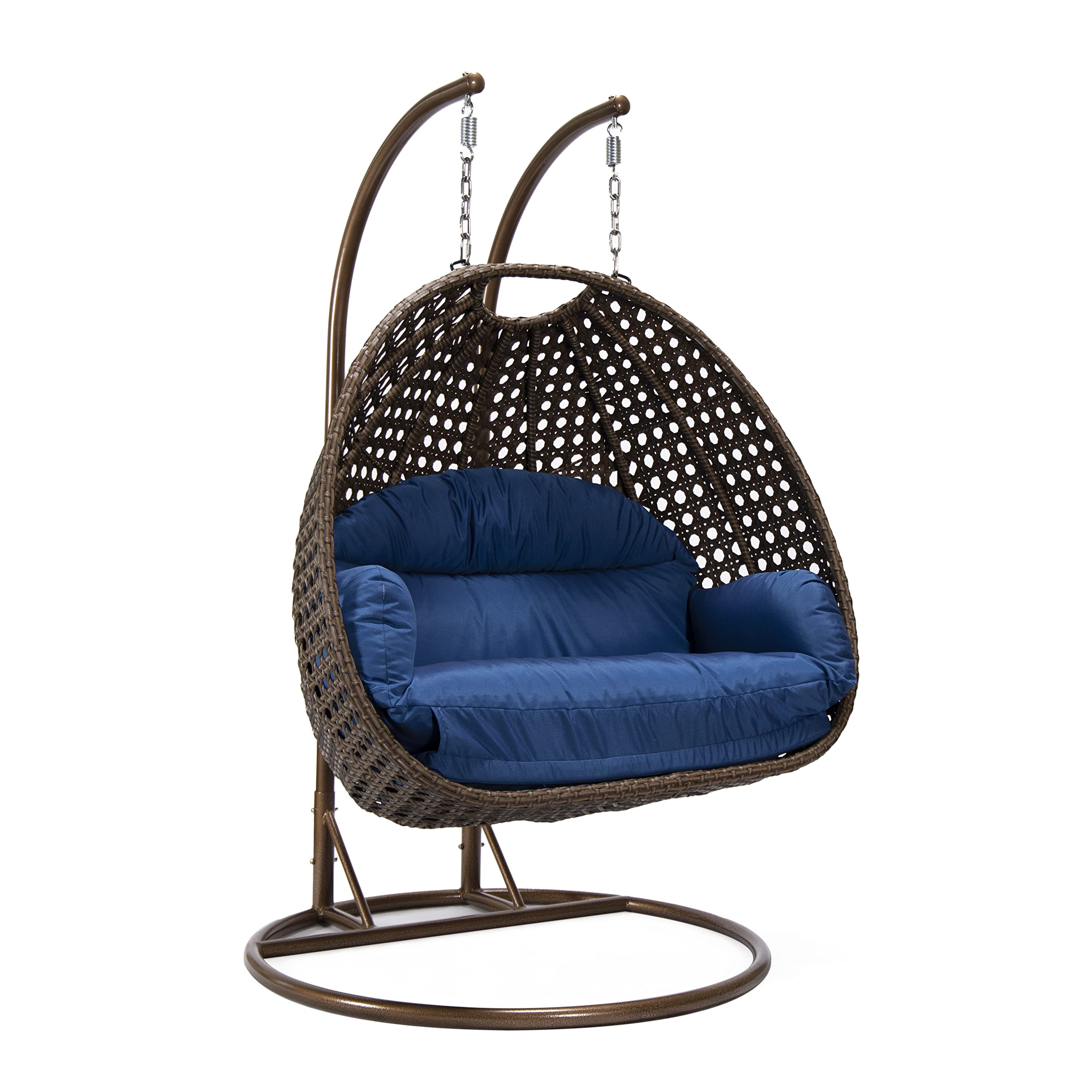 LeisureMod Mendoza Dark Brown Wicker 2-Person Patio Hanging Egg Chair with Stand & Cushions - Indoor/Outdoor Swing for Garden, Porch, Backyard (Blue) - Perfect for Relaxing, Lounging & Enjoying Summer Breezes