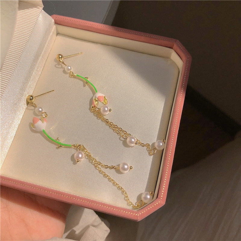Tulip Pearl Flower Mismatch Chandelier Earrings for Women | HE8862 | Elegant Bohemian Jewelry for Party, Wedding & Special Occasions