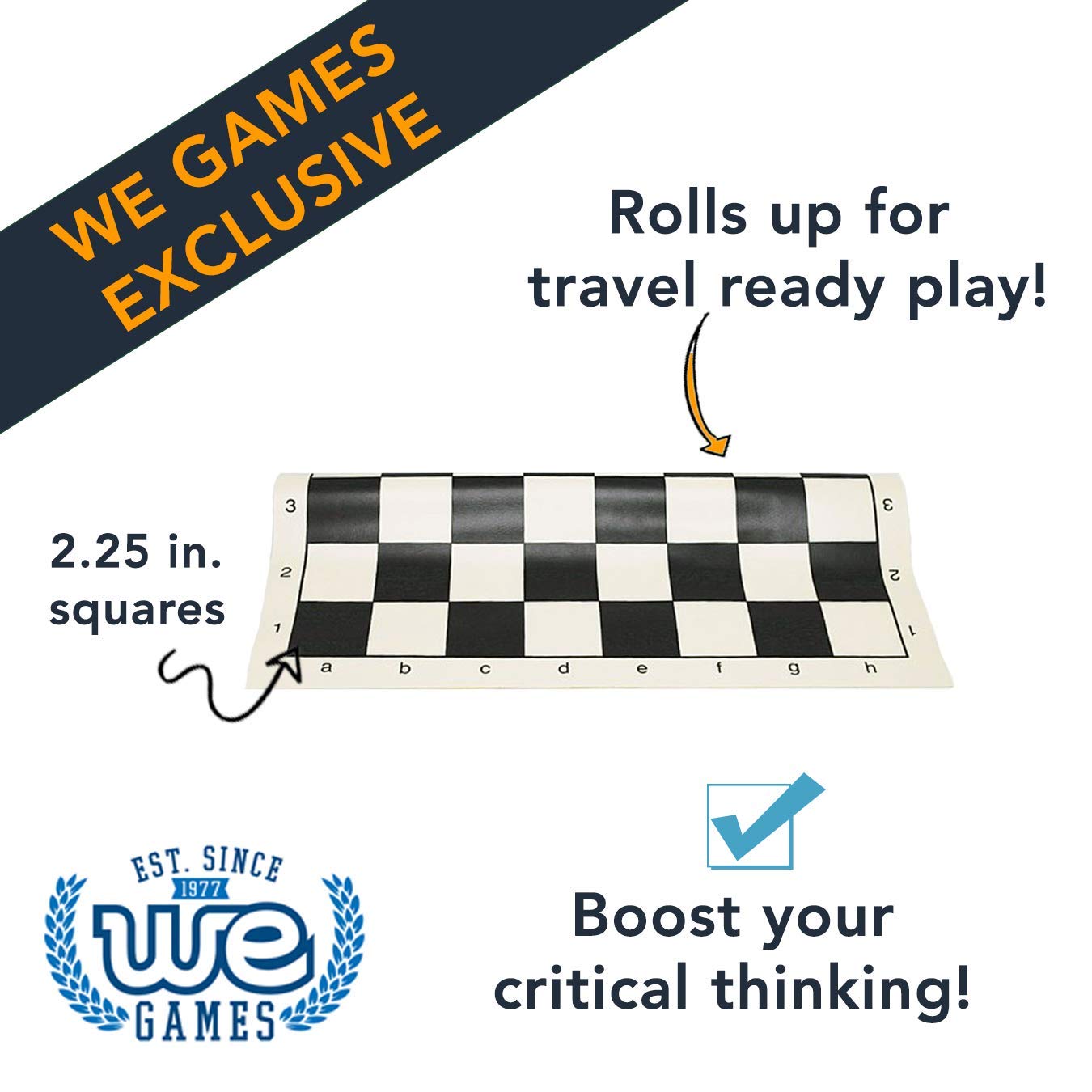 WE Games Tournament Chess Board - 20x20 Inch Vinyl Travel Chess Mat with Algebraic Notation | Portable Chess Set for Kids & Adults | Practice Chess Openings | Perfect for Home, Office, Travel & Outdoor Games