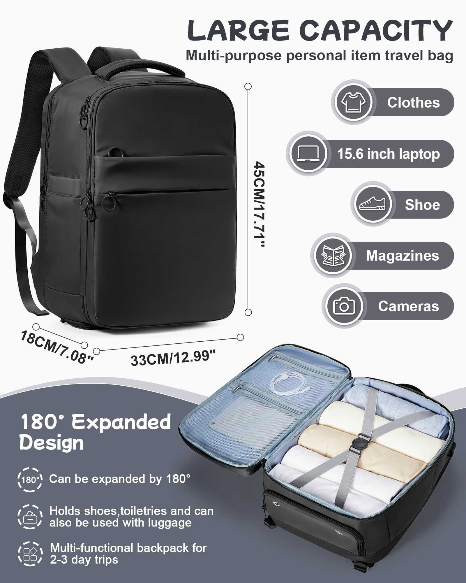 Large Black Travel Backpack - TSA Approved Carry On Backpack for Airplane Travel | Durable Flight Personal Item Bag for Women & Men | Perfect for Business Trips, Weekend Getaways & Adventure Travel