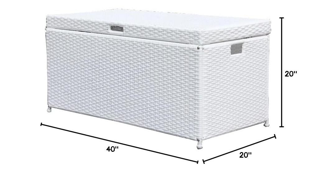 White BOWERY HILL Wicker Rattan Patio Storage Deck Box with Durable Steel Frame - Perfect for Outdoor Furniture Cushion & Garden Tool Organization