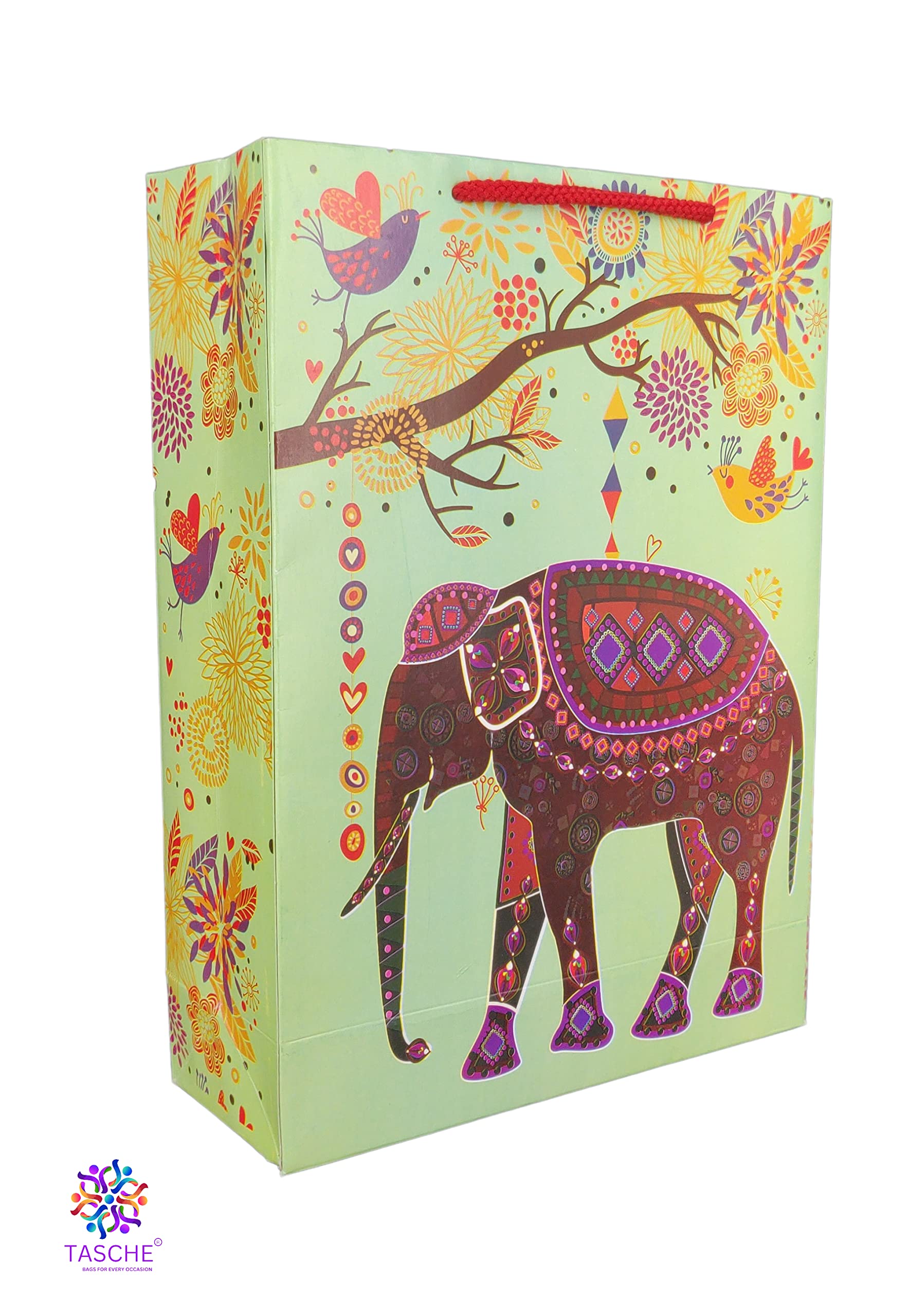 Eco-Friendly Green Elephant & Peacock Print Paper Gift Bags - 11x8x3 Inches Bulk Pack of 10 - Perfect for Birthday Party Favors, Wedding Return Gifts & Holiday Presents