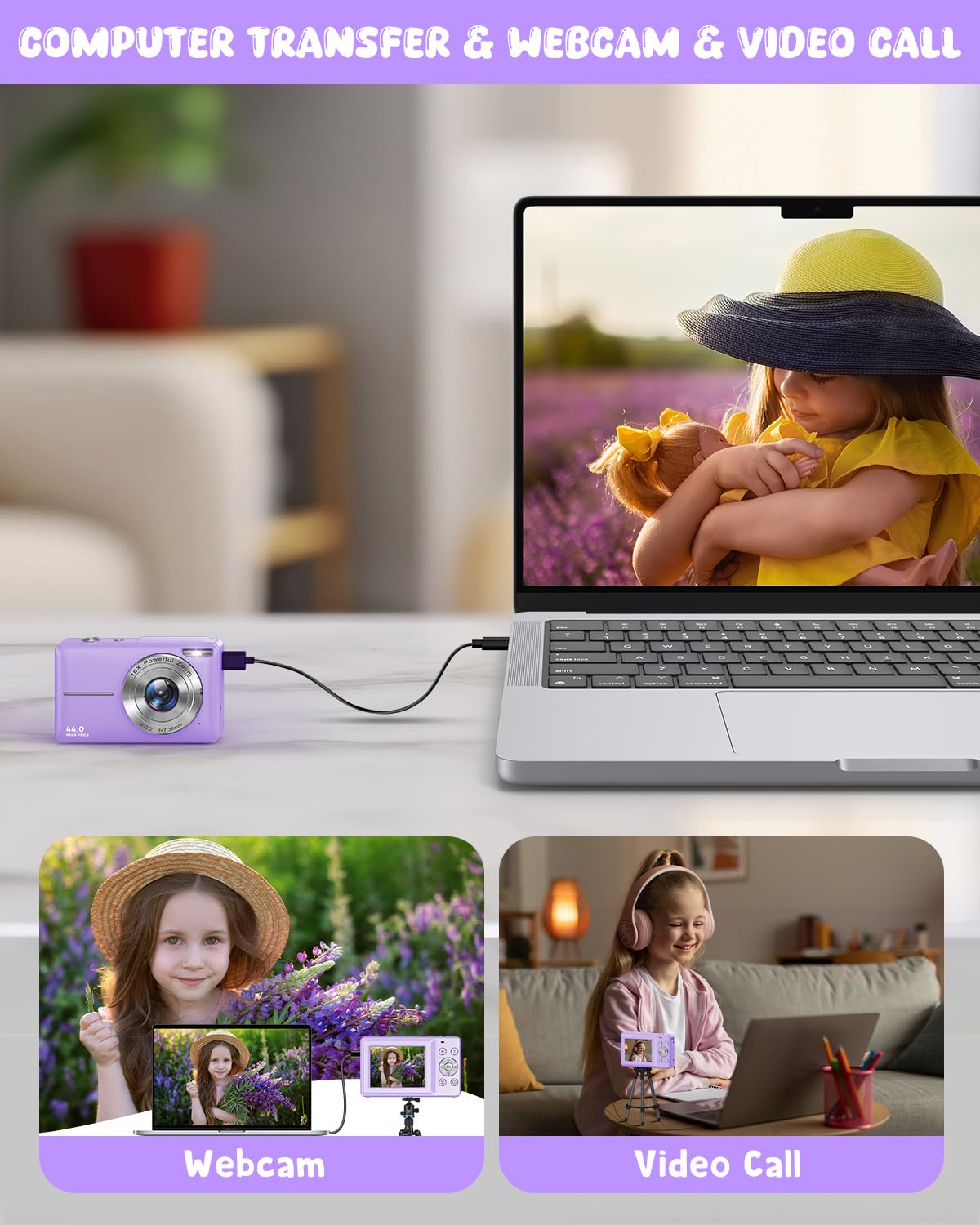 **44MP Kids Digital Camera with 1080P FHD, 16X Digital Zoom, Rechargeable - Compact & Lightweight for Kids, Teens, Beginners (Purple) - Perfect for Travel, Birthday Gifts & Photography Learning**