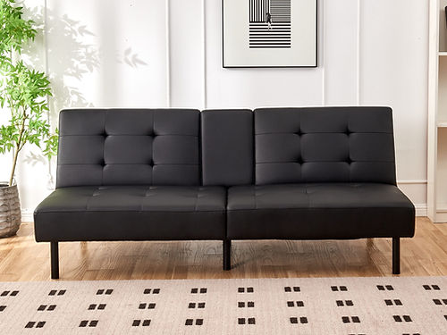 Black Faux Leather Sofa Bed with Cup Holders - Convertible Sleeper Sofa for Small Spaces, Living Room & Guest Room Furniture