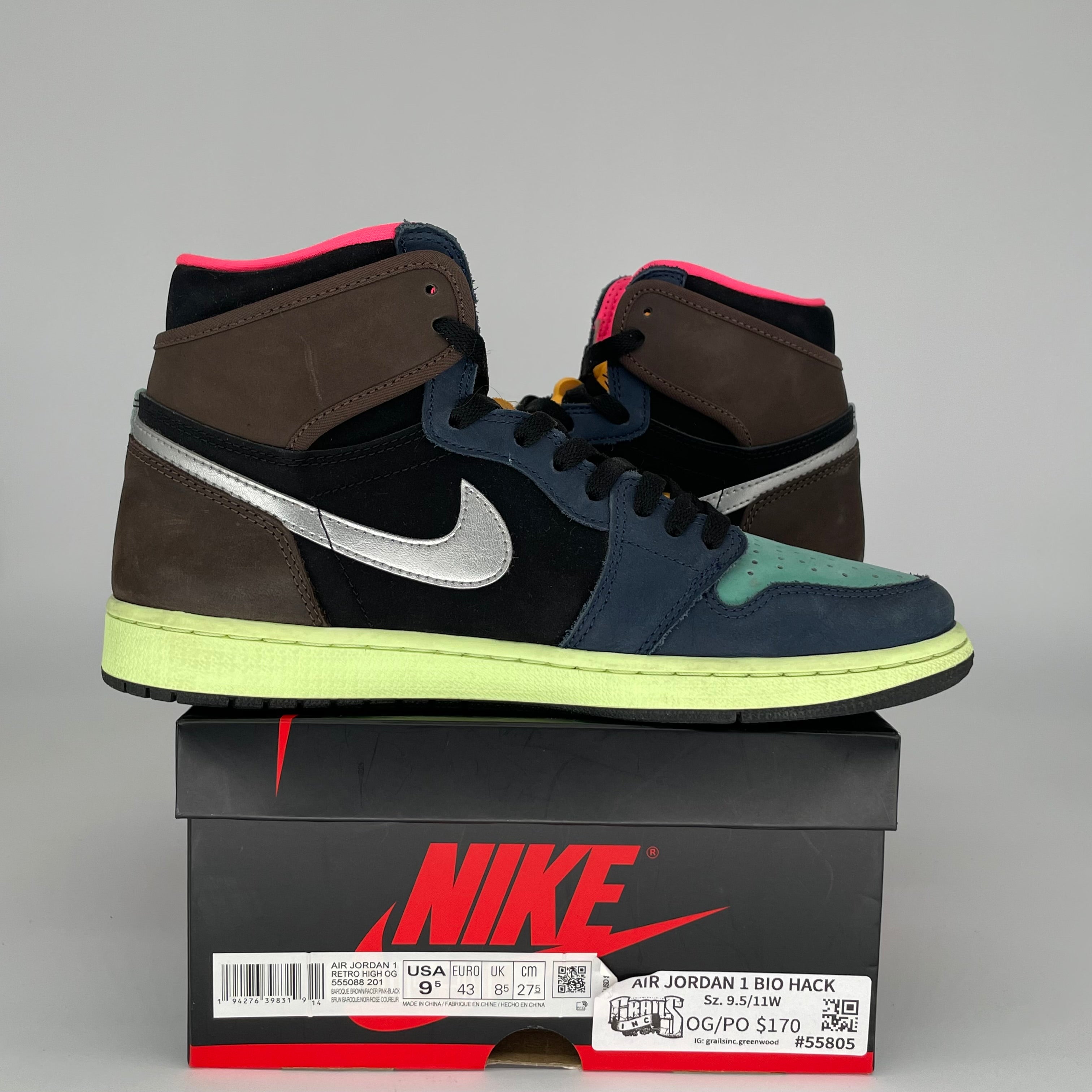 AIR JORDAN 1 BIO HACK Sneakers Men's Size 9.5 - 555088-201 Retro High OG Basketball Shoes for Streetwear & Casual Outfits