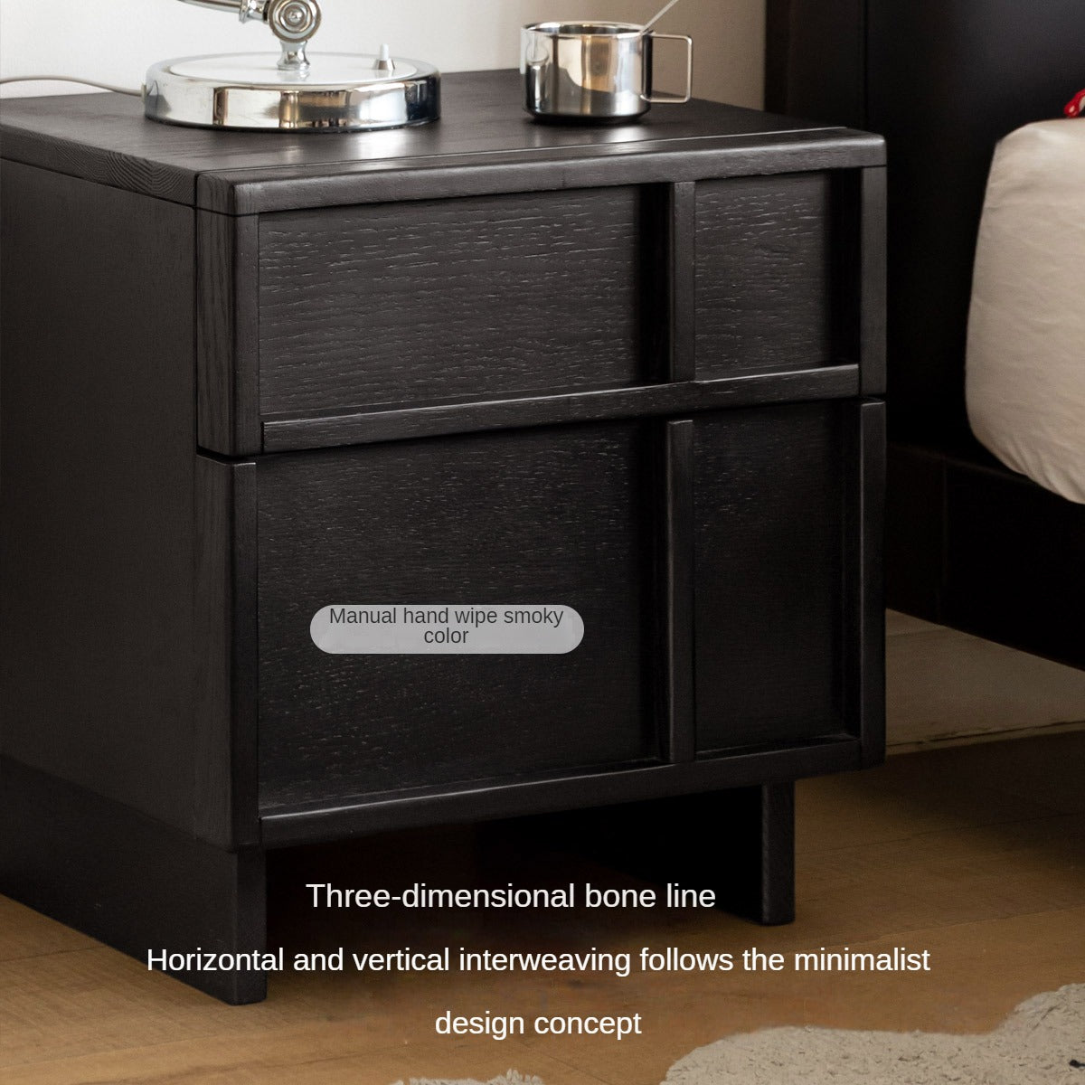 Modern Black Oak Solid Wood Nightstand with Storage - Stylish Bedside Table for Bedroom, Living Room, or Office