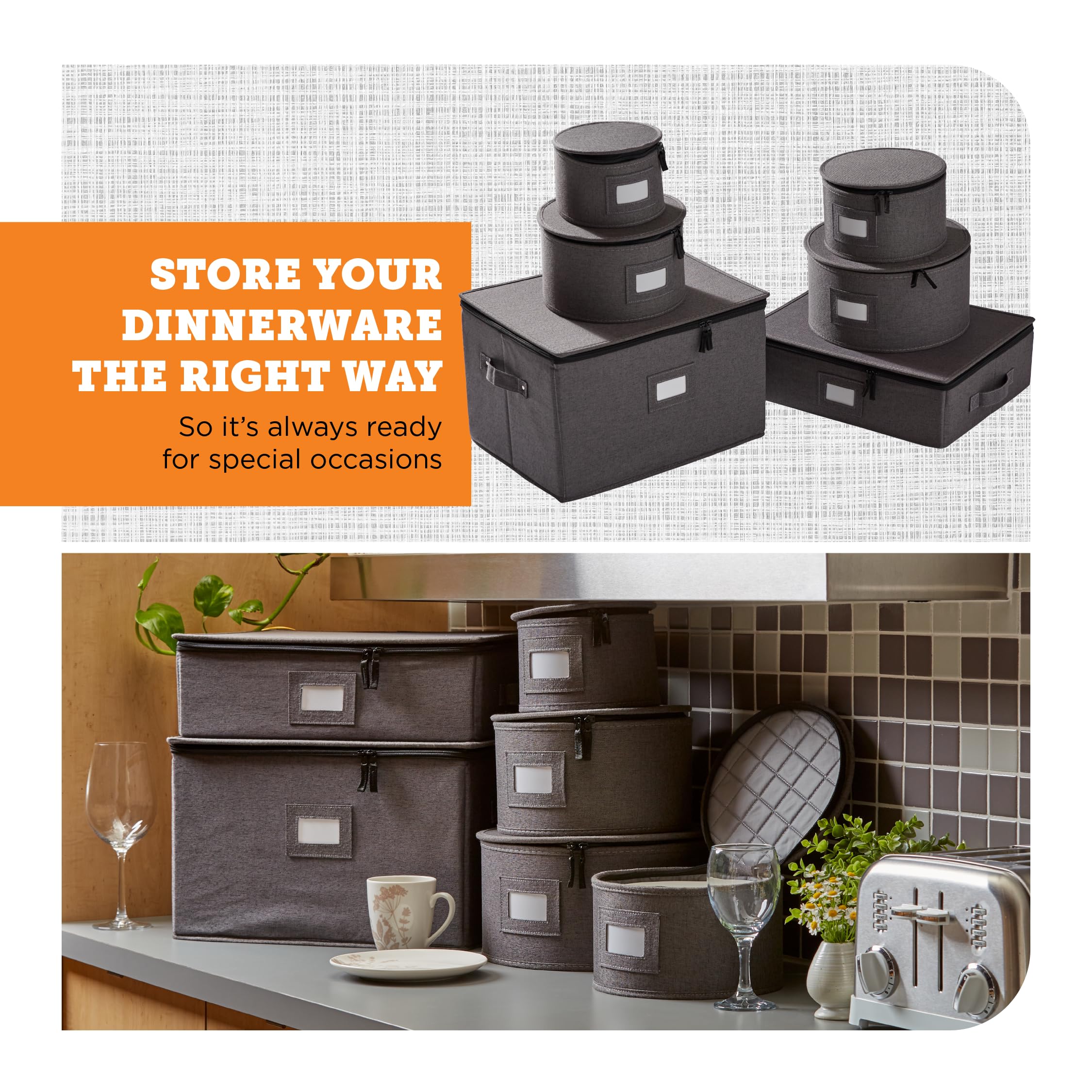 storageLAB Hard Shell Storage Containers with Felt Dividers - 6-Piece Gray Set for Charger Plates, Dishes & Fine China | Perfect for Kitchen Organization, Moving Supplies & Home Storage Solutions