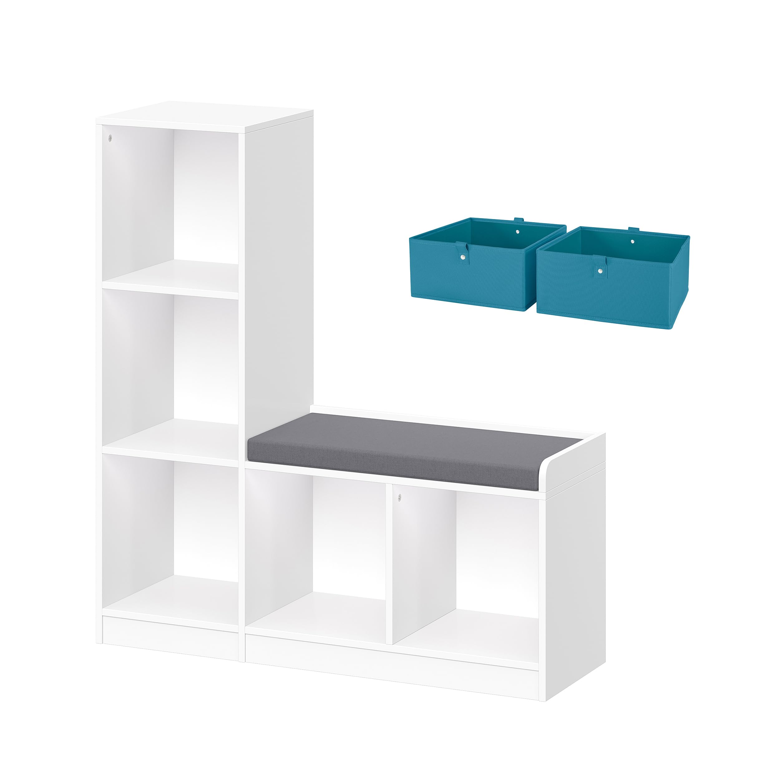 RiverRidge Kids Toy Storage Organizer Bench with 5 Cubby Bins, 2 Turquoise Fabric Bins & Cushioned Seat - Playroom, Bedroom, Nursery Organization for Toys, Books & Clothes - Perfect for Montessori Classrooms & Daycare Centers