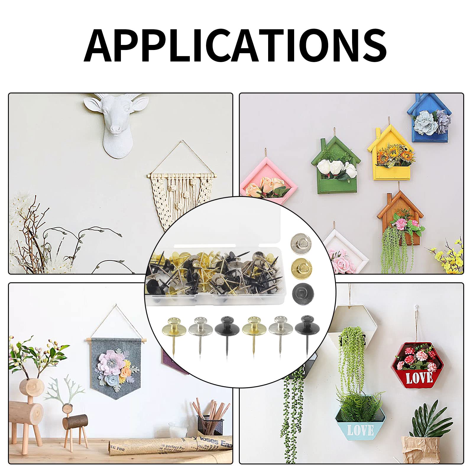 Double-Headed Wall Nails for Hanging Pictures & Decor - 60 Pcs Black/Silver/Gold Push Pin Hangers - Perfect for Drywall, Cork Boards & Photo Displays in Home & Office