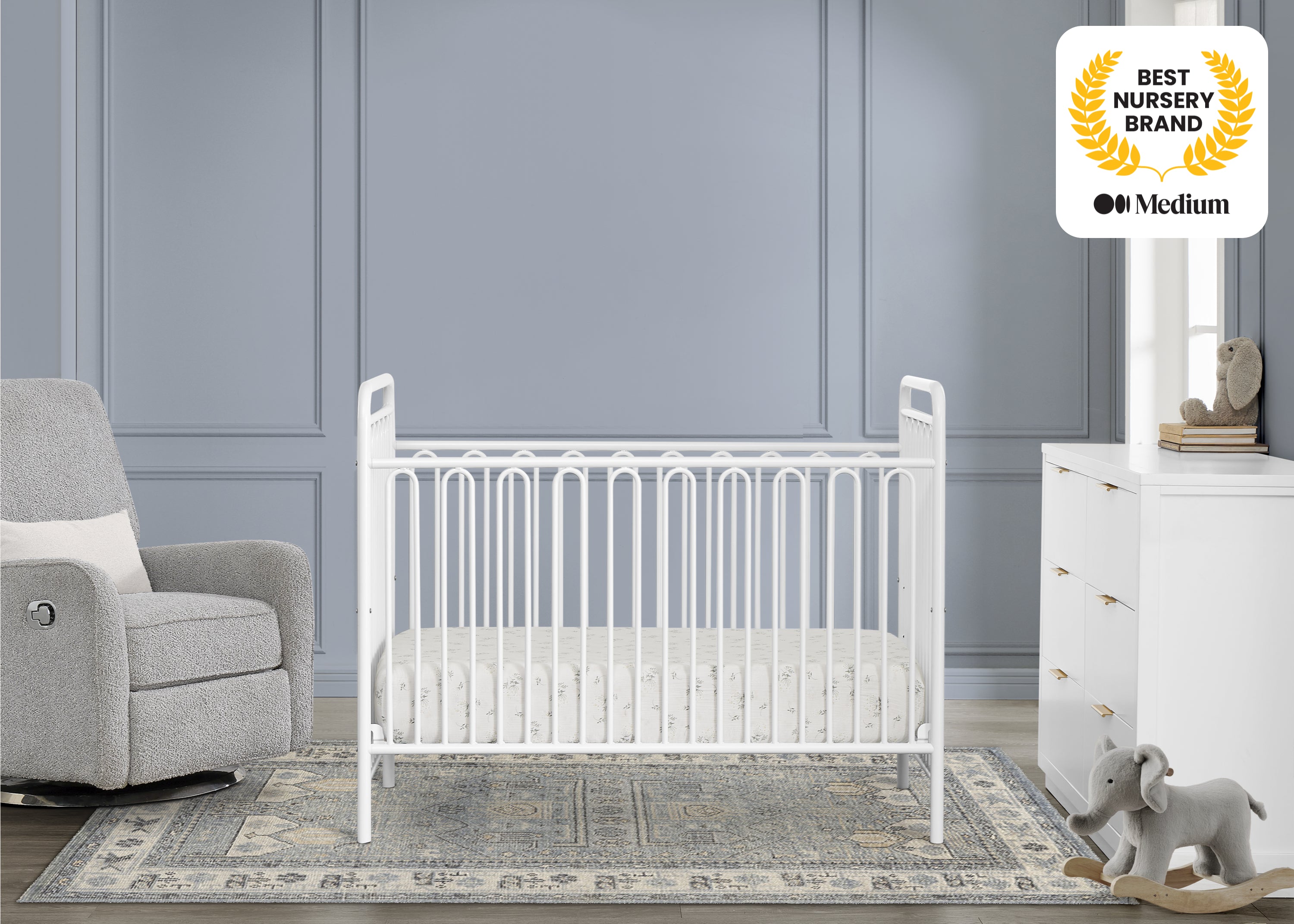 Darcy 4-in-1 Convertible Metal Baby Crib - Toddler Bed, Daybed & Full-Size Bed Conversion - Modern Nursery Furniture for Newborns to Teens (White) | Perfect for Small Spaces & Growing Families