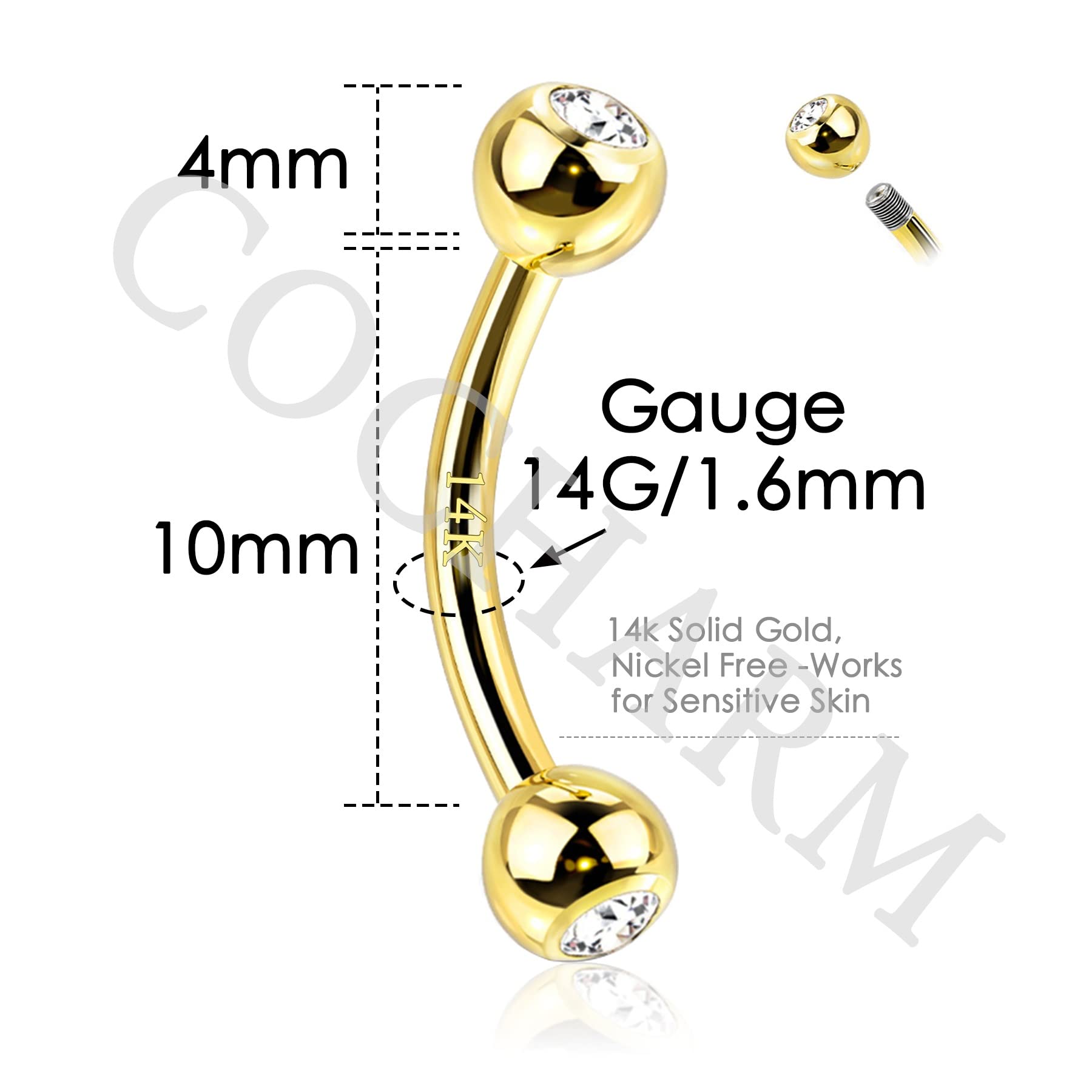 COCHARM 14K Real Gold Belly Button Rings - Cute Short & Long Upper Navel Piercing Jewelry - 16g/14g Rook Barbell - Perfect for Everyday Wear, Parties & Beach Outfits
