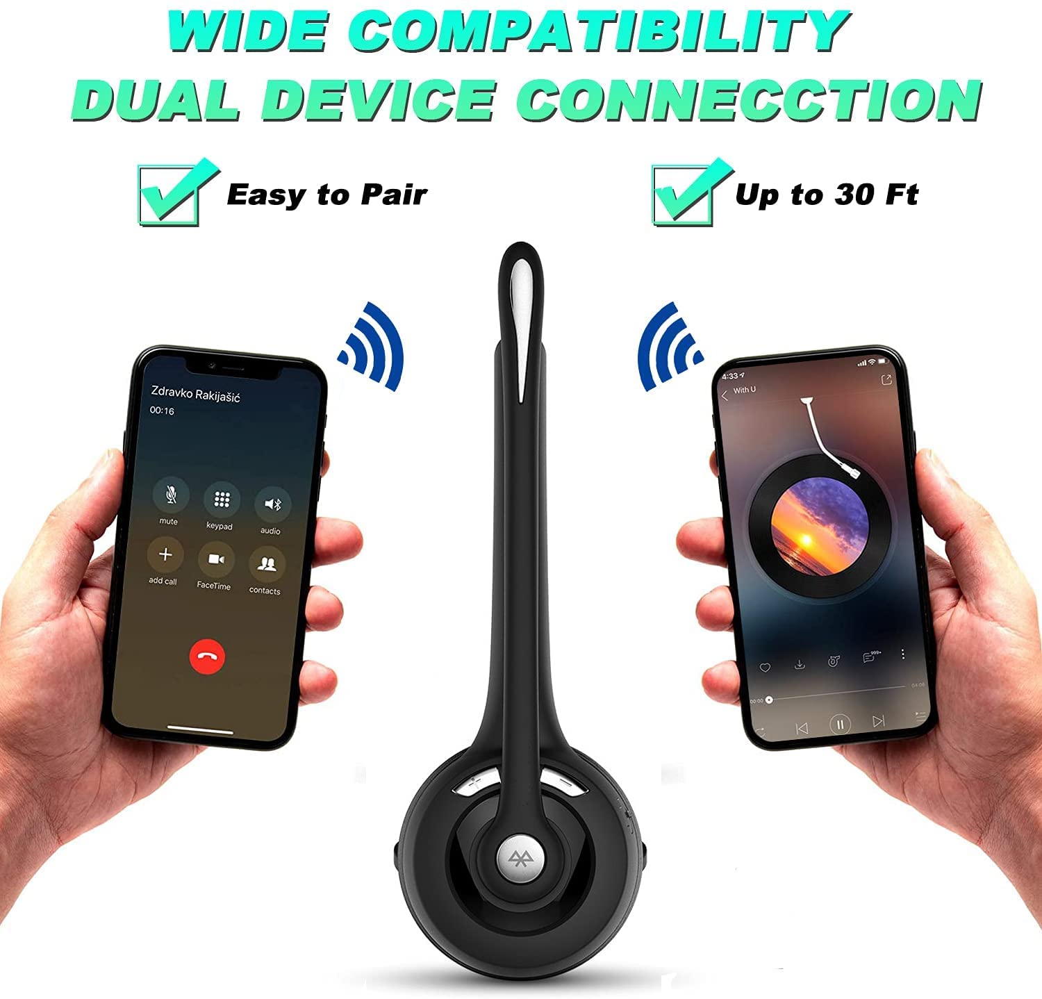 Wireless Bluetooth Headset with Microphone - 12 Hours Talk Time for Truckers, Call Center & Office Use - Noise Cancelling Headphones for Skype, PC, Home Office & Long Driving