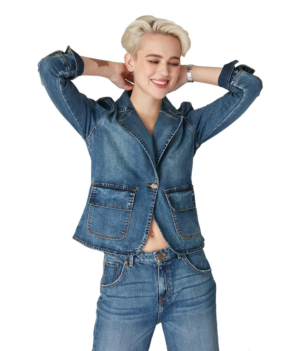 Lola Jeans Women's Denim Blazer Jacket - Stylish Stretch Denim Coat for Casual & Office Wear