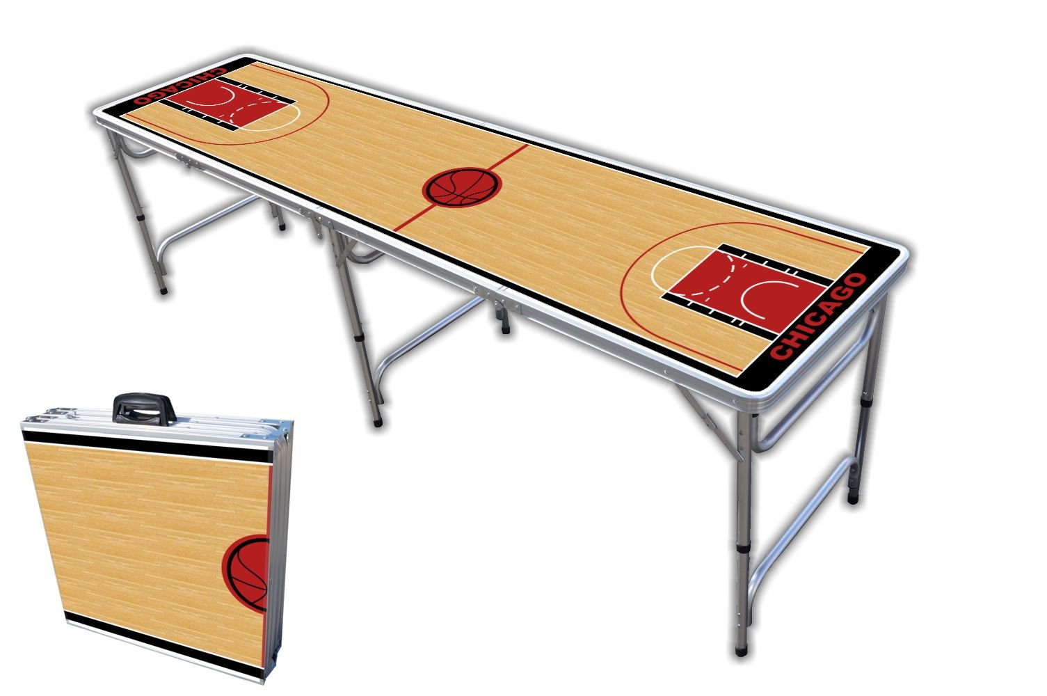 8-Foot Professional Beer Pong Table with Optional Cup Holes - Chicago Bulls Basketball Court Design - Perfect for Parties, Tailgates & College Events