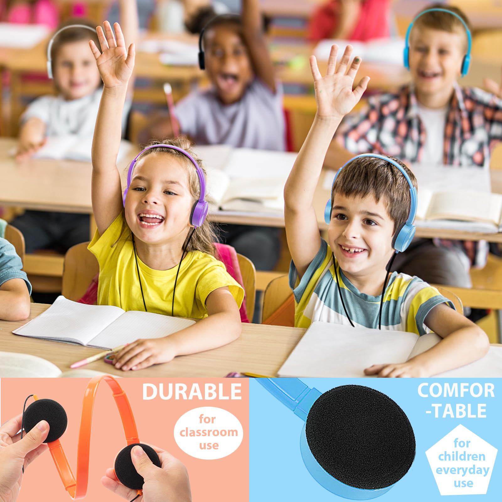 8 Pack Kids Headphones Bulk for Classroom - Durable School Headphones for Students, Children & Teens - 8 Mixed Colors - Perfect for Classroom Learning, Online School & Homeschooling
