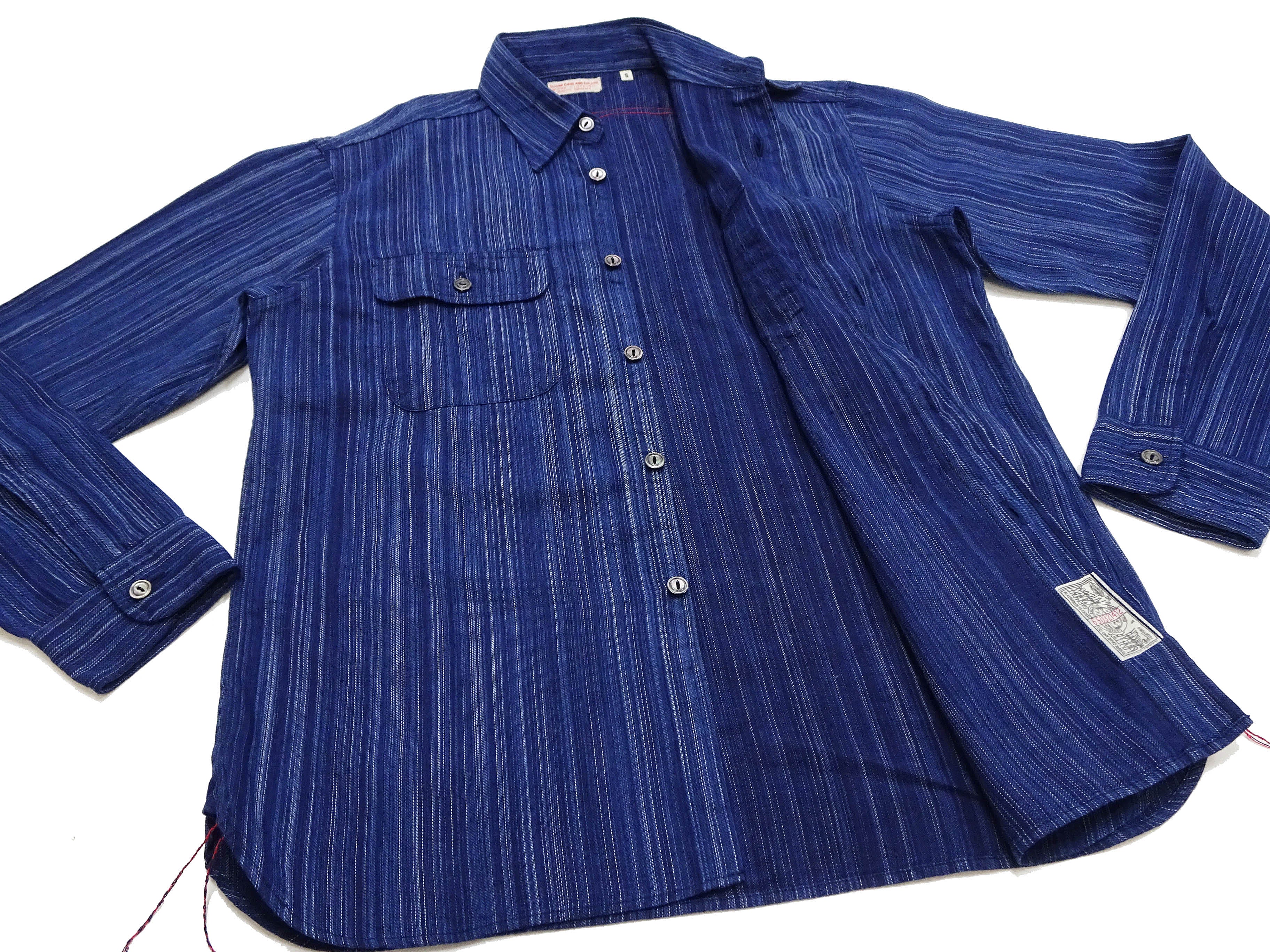 Japanese Kasuri Style Men's Long Sleeve Button-Up Work Shirt - Indigo Stripe Sugar Cane Fabric - Comfortable Casual & Office Wear - Perfect for Work, Date Night, and Outdoor Activities (Navy Blue)