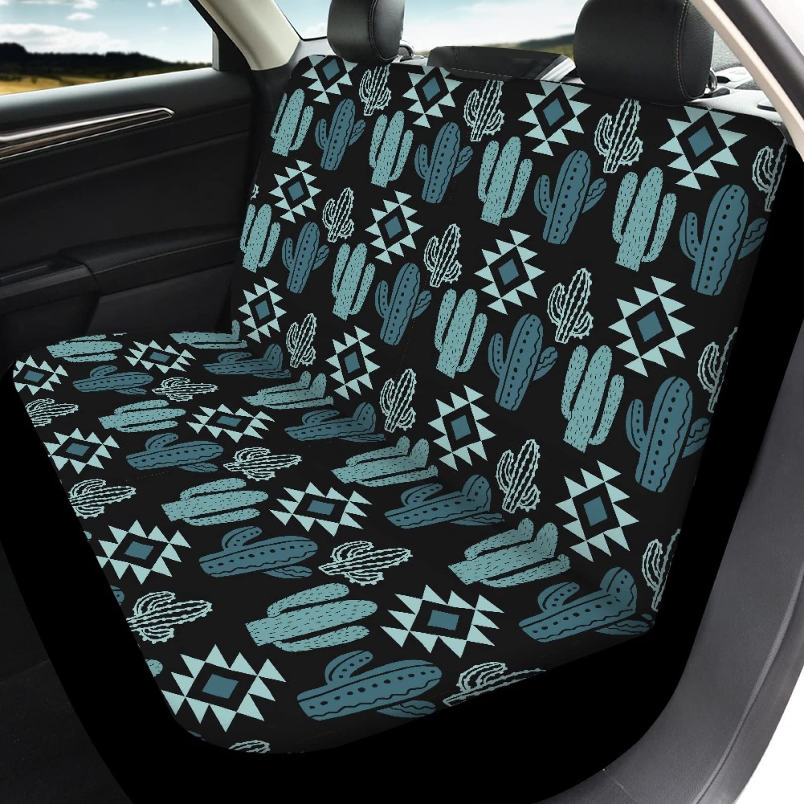 Bulopur Green Aztec Cactus Pattern 7-Piece Car Seat Cover Set - Front & Back Seat Protectors, Steering Wheel Cover, Coasters | Anti-Scratch, Dustproof Interior Decor for SUV, Truck, Sedan | Perfect for Road Trips & Daily Commute