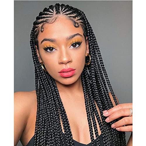 24 Inch Black Micro Braids Synthetic Lace Front Wig for Women - Heat Friendly African American Hair with Baby Hair & Cornrows | Half Box Braided Wigs for Everyday Wear, Parties & Special Occasions
