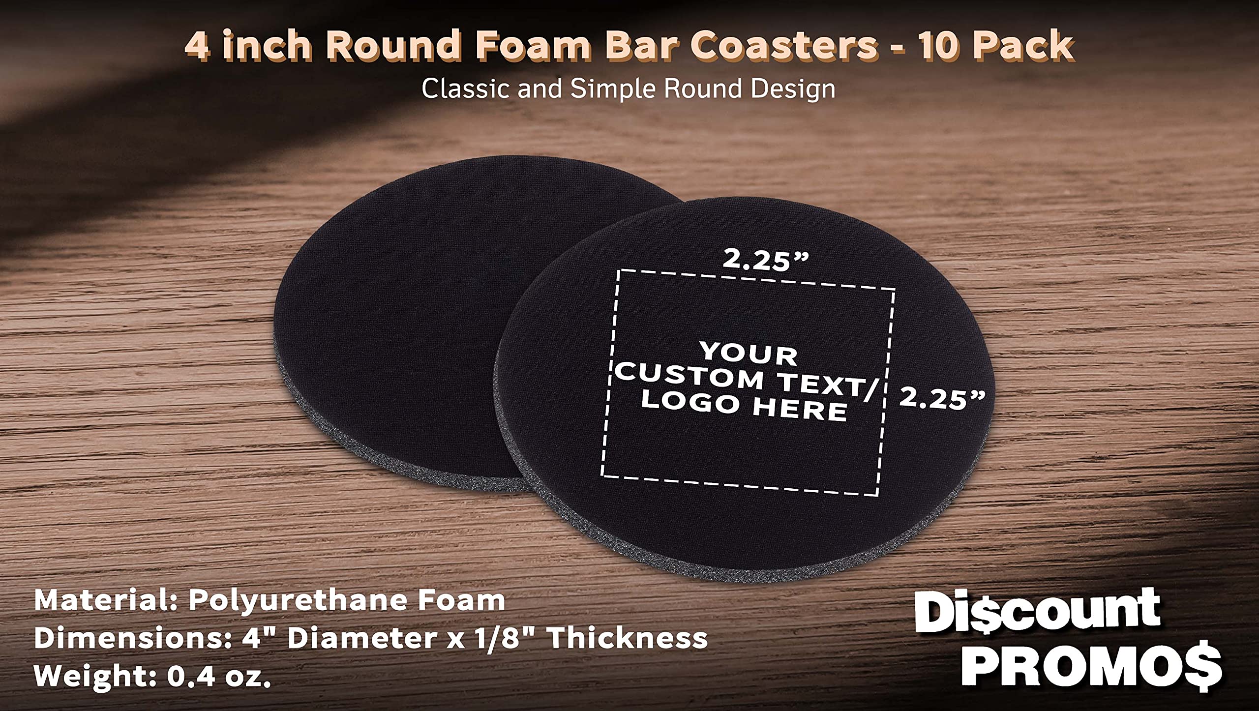 10 Pack 4 Inch Round PU Foam Drink Coasters - Custom Printed with Text & Logo - Waterproof Bar Coasters for Parties, Weddings, Home & Office Use - Black (Set of 10)