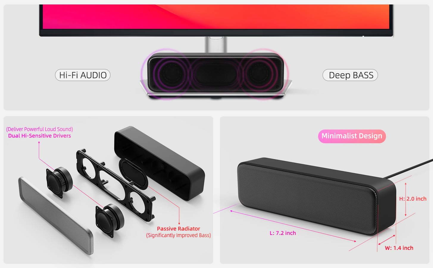 High-Quality Computer Speakers for Desktop PC & Laptop, Mini USB Soundbar with Loud Sound & Deep Bass, Wired USB Plug-in, Wide Compatibility, Built-in USB-C to USB Adapter – Perfect for Gaming, Movies, and Music