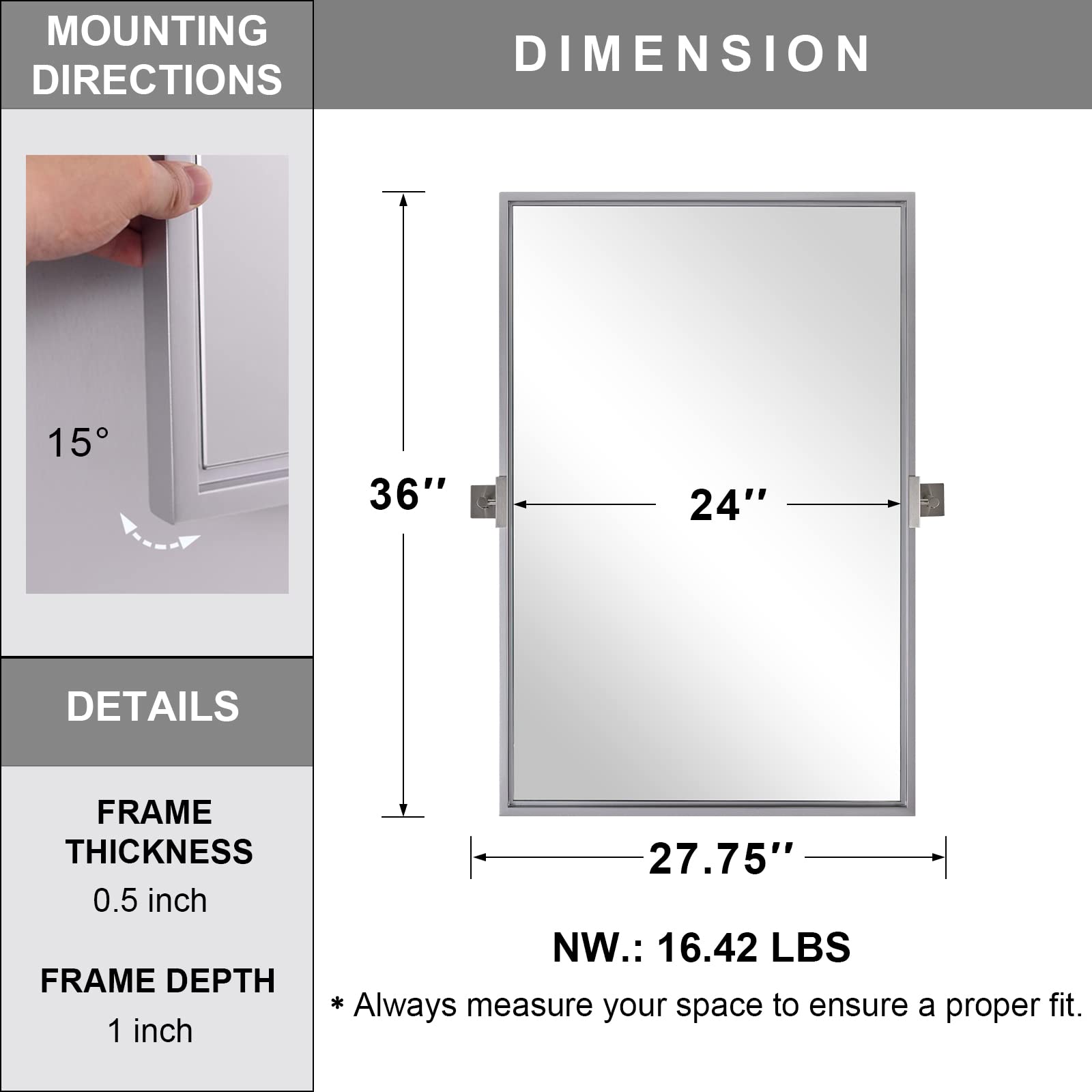 24x36 Inch Modern Silver Pivot Mirror - Square Pivots, Floating Bathroom Wall Mirror for Vanity, Vertical Hanging (27.75