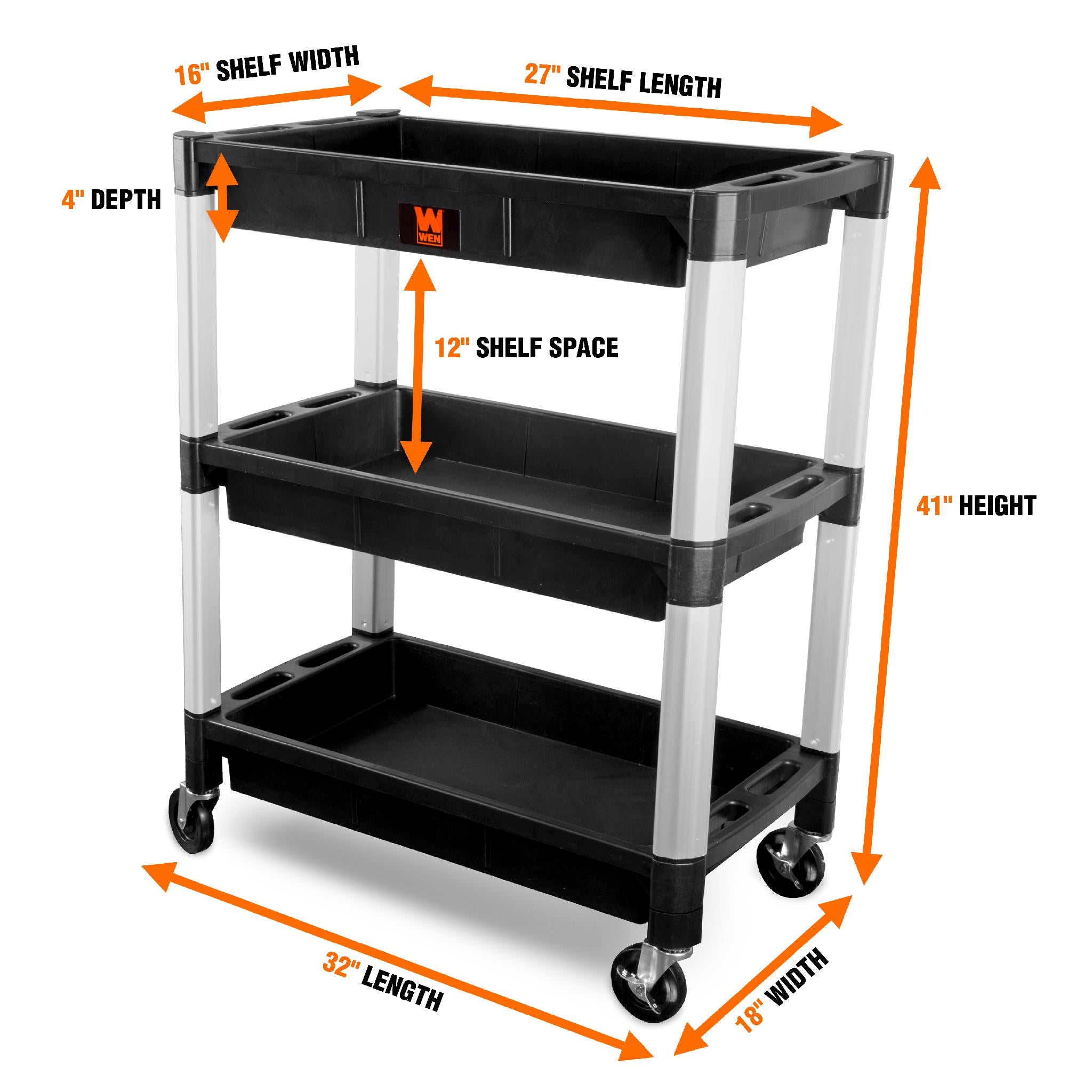 WEN 73163 Heavy Duty 300LB Capacity 3-Tier Utility Cart with Wheels - Perfect for Warehouse, Office, and Home Storage Organization