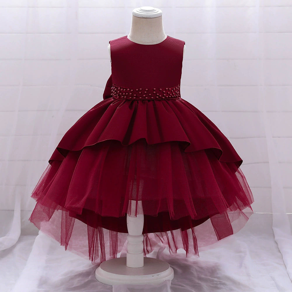 Burgundy Princess Round Tea Length Satin Flower Girl Dress - Perfect for Weddings, Birthday Parties & Special Occasions