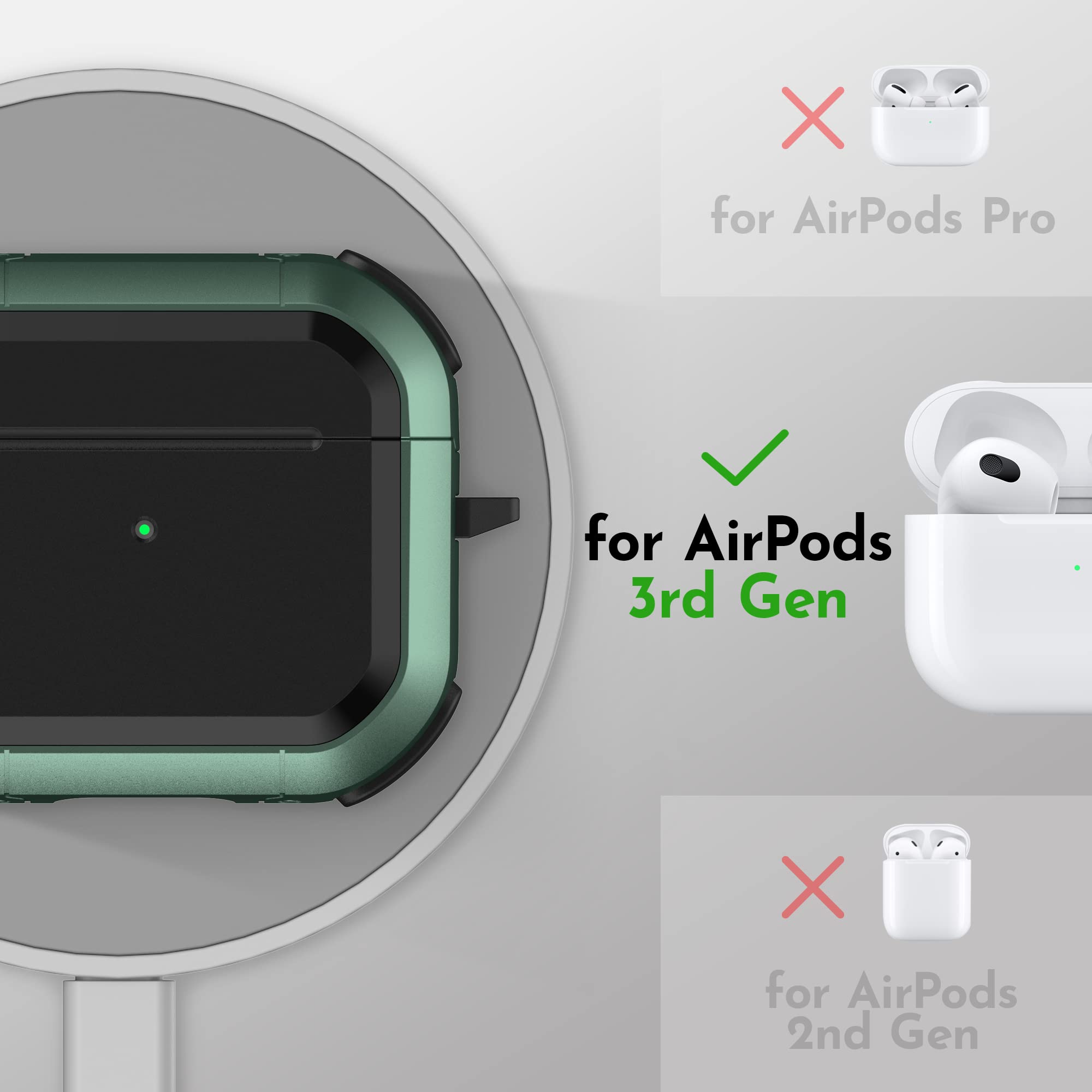 SURPHY Rugged Protective Case for AirPods 3 (2021) - Shockproof Full-Body Cover with Keychain & Visible LED - Compatible with AirPods 3rd Generation - Green - Perfect for Outdoor, Travel & Daily Use