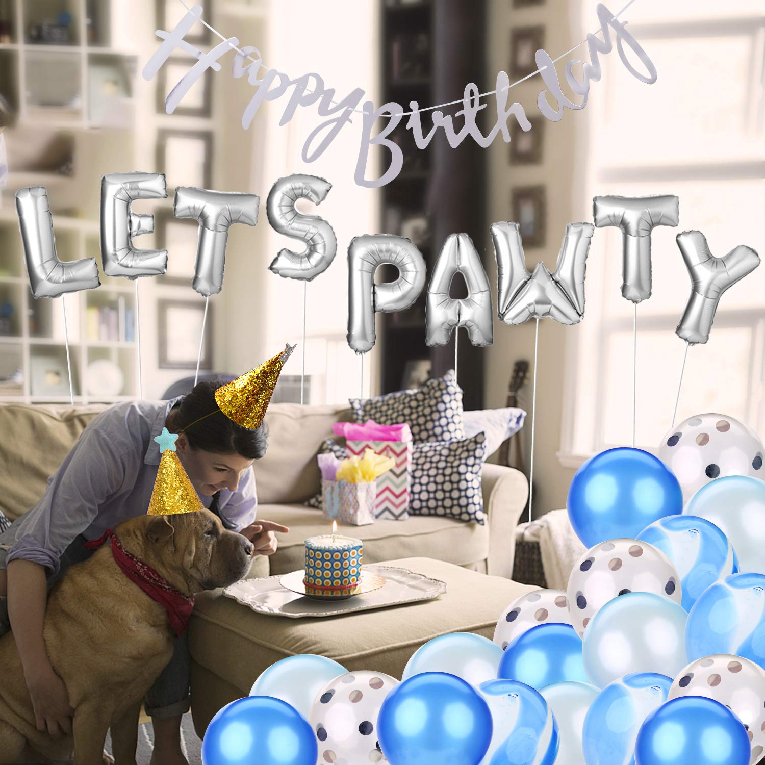 Legendog Paw Print Balloons - Cat Birthday Hat & Happy Birthday Banner Set - Foil Balloons & Pawty Letters Decorations for Pet Birthday Party, Baby Shower, Animal Theme Celebration