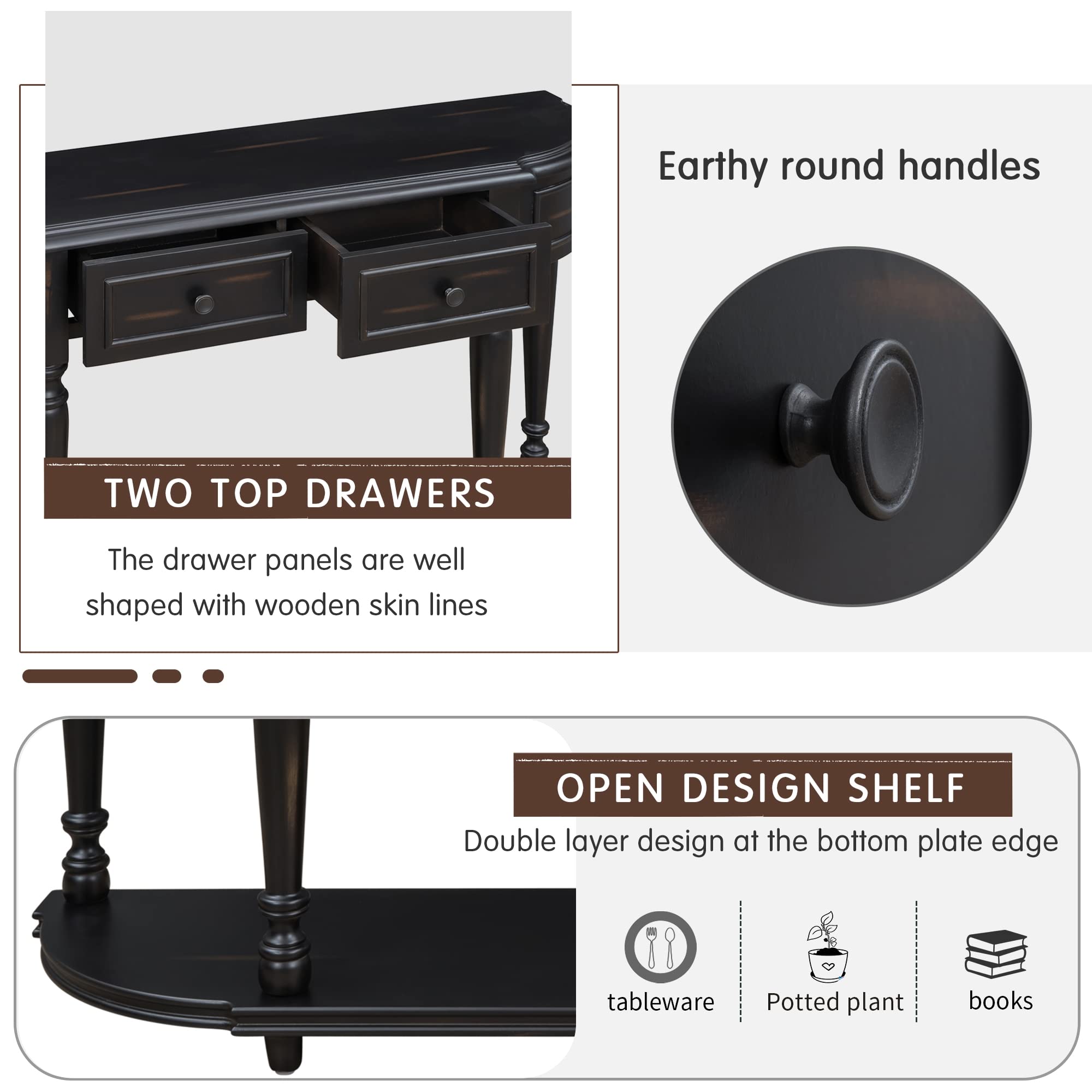 Vintage Curved Console Table with 2 Drawers - Solid Wood Frame Entryway Sofa Table for Living Room, Kitchen & Hallway - Black