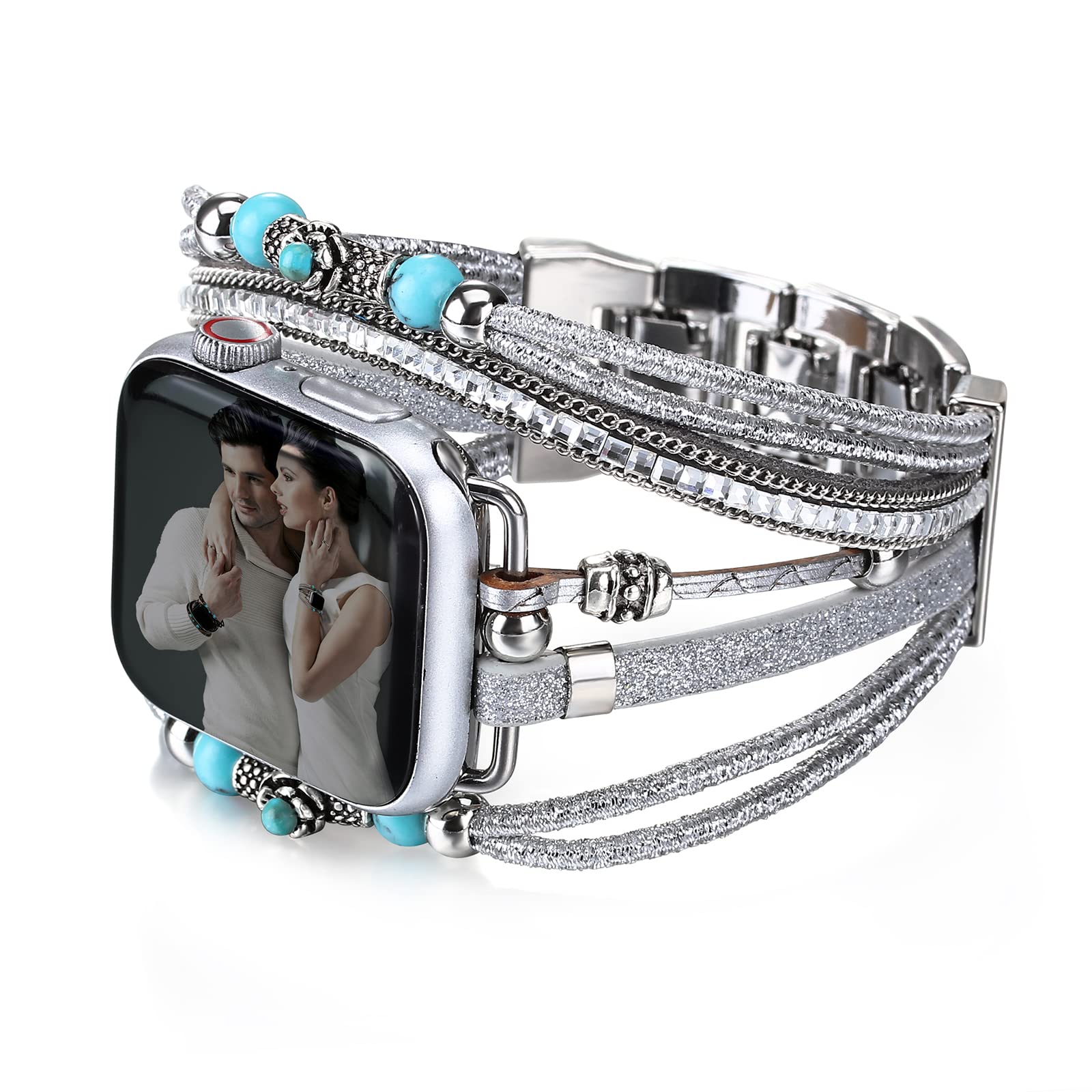 Boho Leather Apple Watch Band for Women & Men - Compatible with 38mm 40mm 41mm 42mm 44mm 45mm 46mm 49mm - Multilayer Wrap Strap for Series 10/9/8/7/6/SE/Ultra 2/5/4/3/2/1 - Stylish & Dressy iWatch Accessory for Work, Gym & Everyday Wear