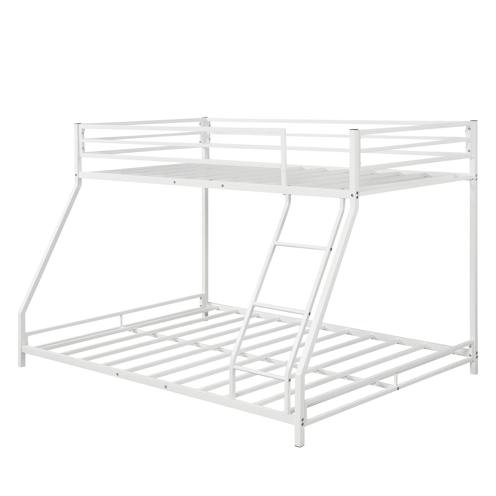 Heavy Duty Metal Low Bunk Bed - Twin Over Full Floor Bunk Bed with Sloping Ladder & Safety Guardrails - Sturdy Bed Frame for Kids Teens Adults - Perfect for Small Rooms, Dorms & Guest Rooms (White)