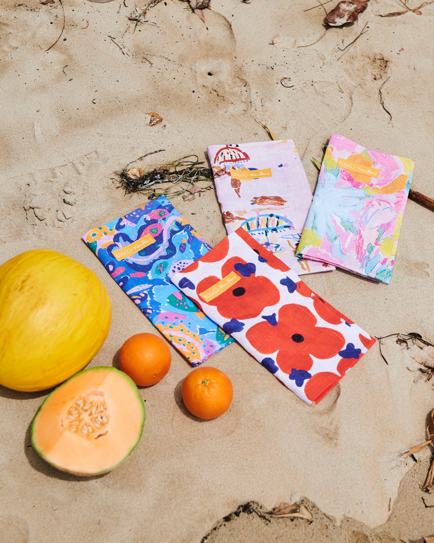 Kip&Co x Ken Done Beach Days Linen 4-Piece Napkin Set - Premium Cotton Table Napkins for Outdoor Dining, Picnics & Summer Entertaining