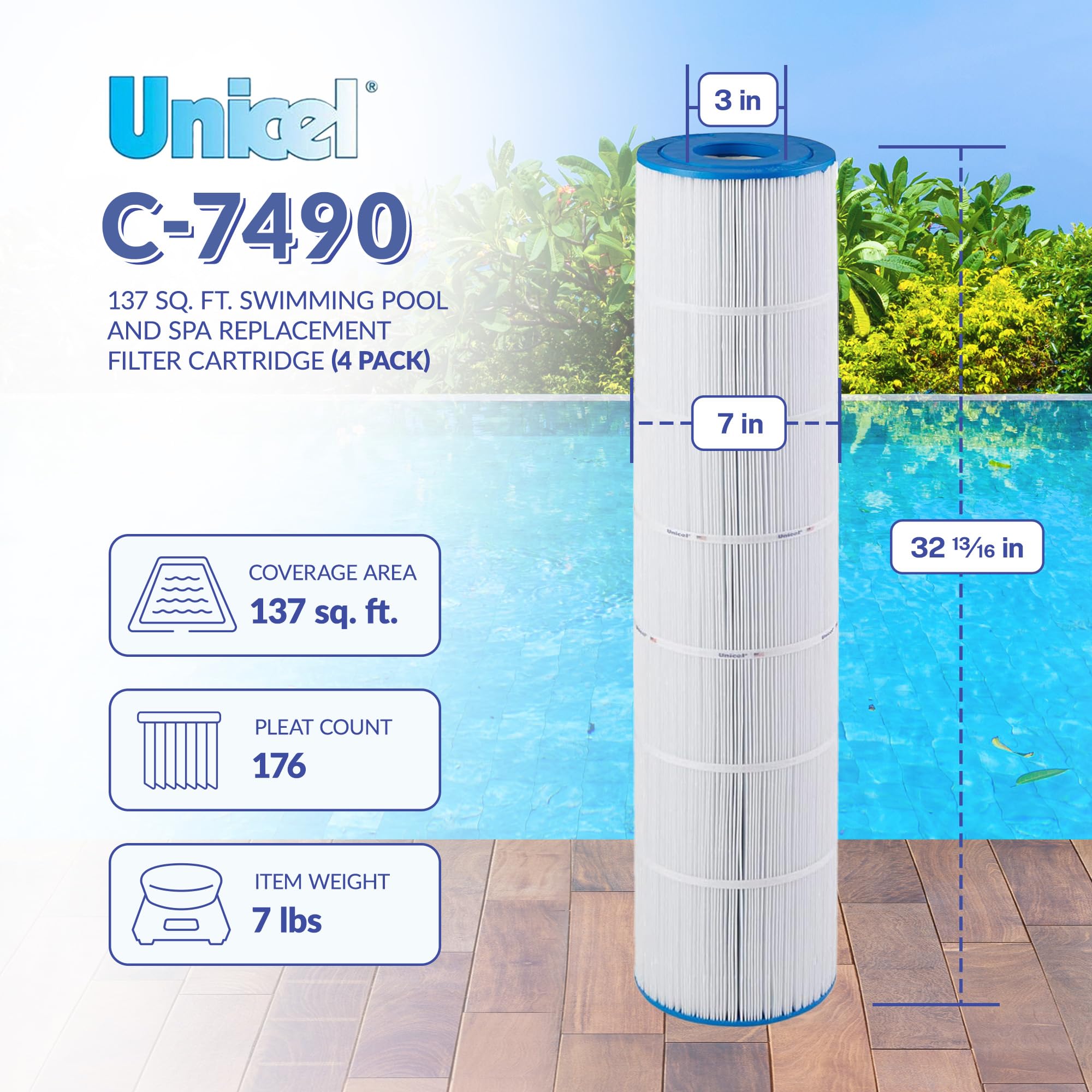 Unicel C-7490 Replacement Pool Filter Cartridge 137 Sq Ft - 176 Pleats, Compatible with Hayward Pool Cleaners (4 Pack) - Perfect for Inground & Above Ground Swimming Pool Maintenance