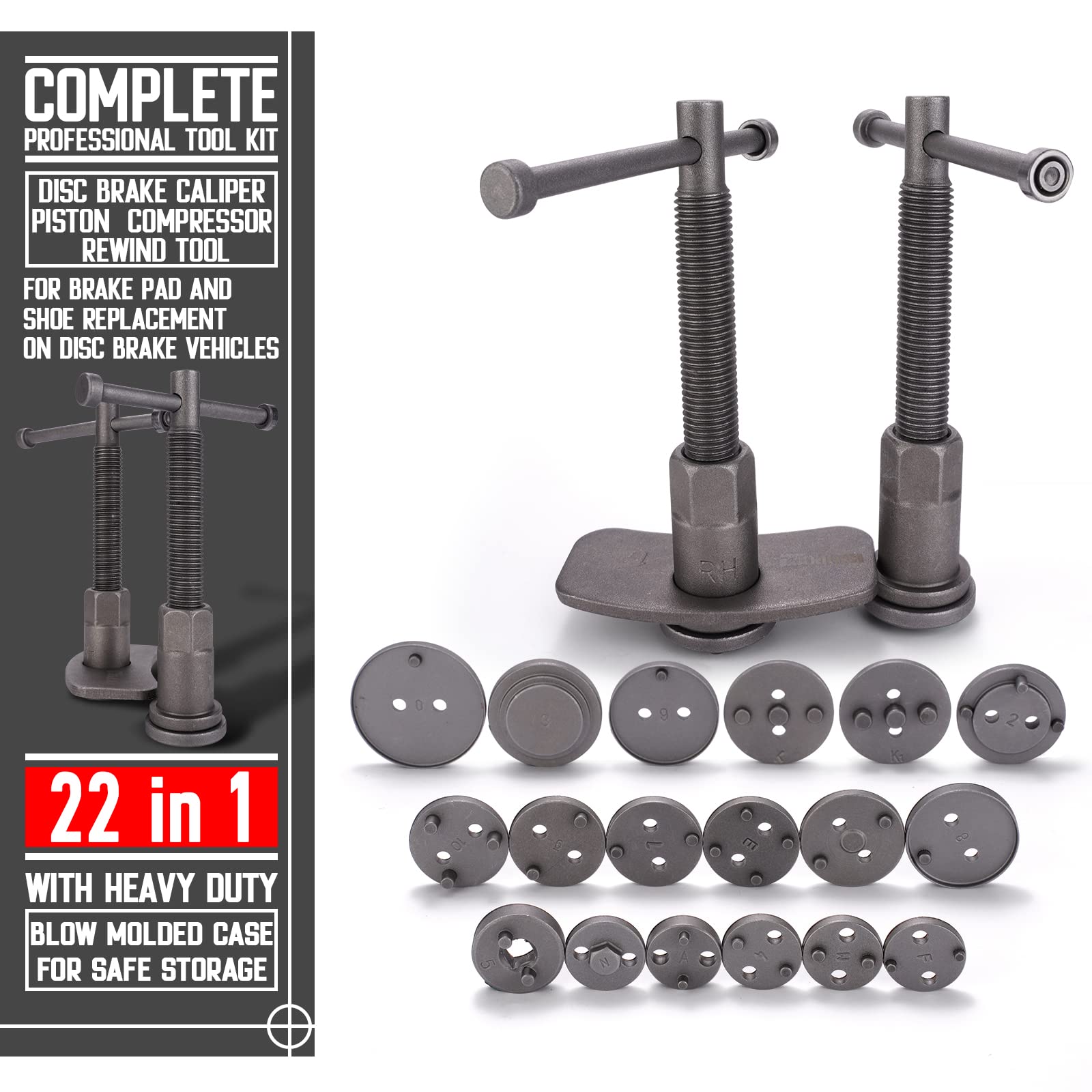 22Pcs Brake Caliper Compression Tool Kit - Caliper Piston Compressor, Wind Back Tool with Thrust Bolt Assemblies, Retaining Plates & 18 Disc Adapters (Red) - Perfect for DIY Brake Repairs, Auto Maintenance & Professional Mechanic Use