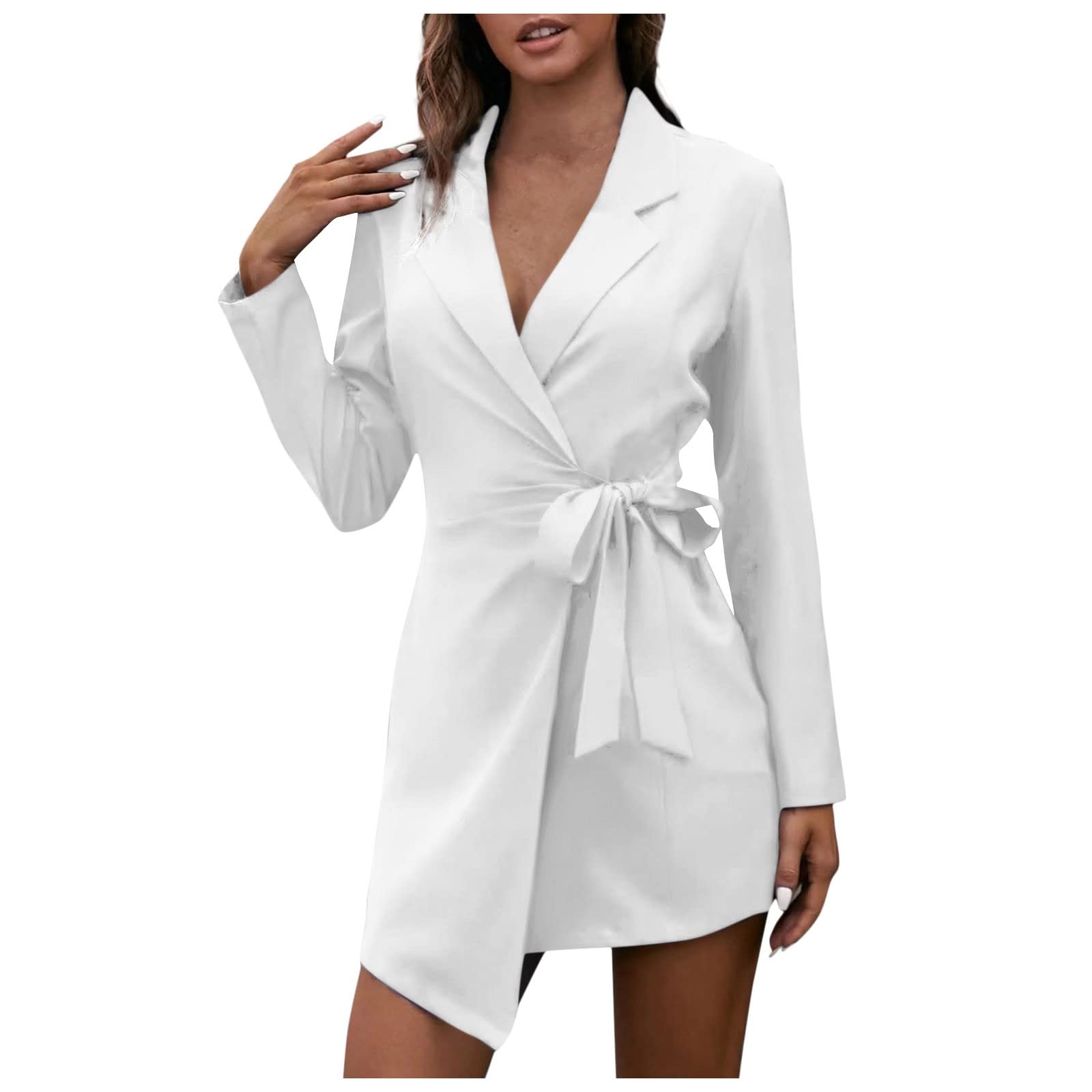 Women's Summer Casual Solid Color Slim Fit Tie Waist Long Sleeve Dress - Flowy Sundress for Beach, Vacation & Outdoor Parties | Plus Size Options