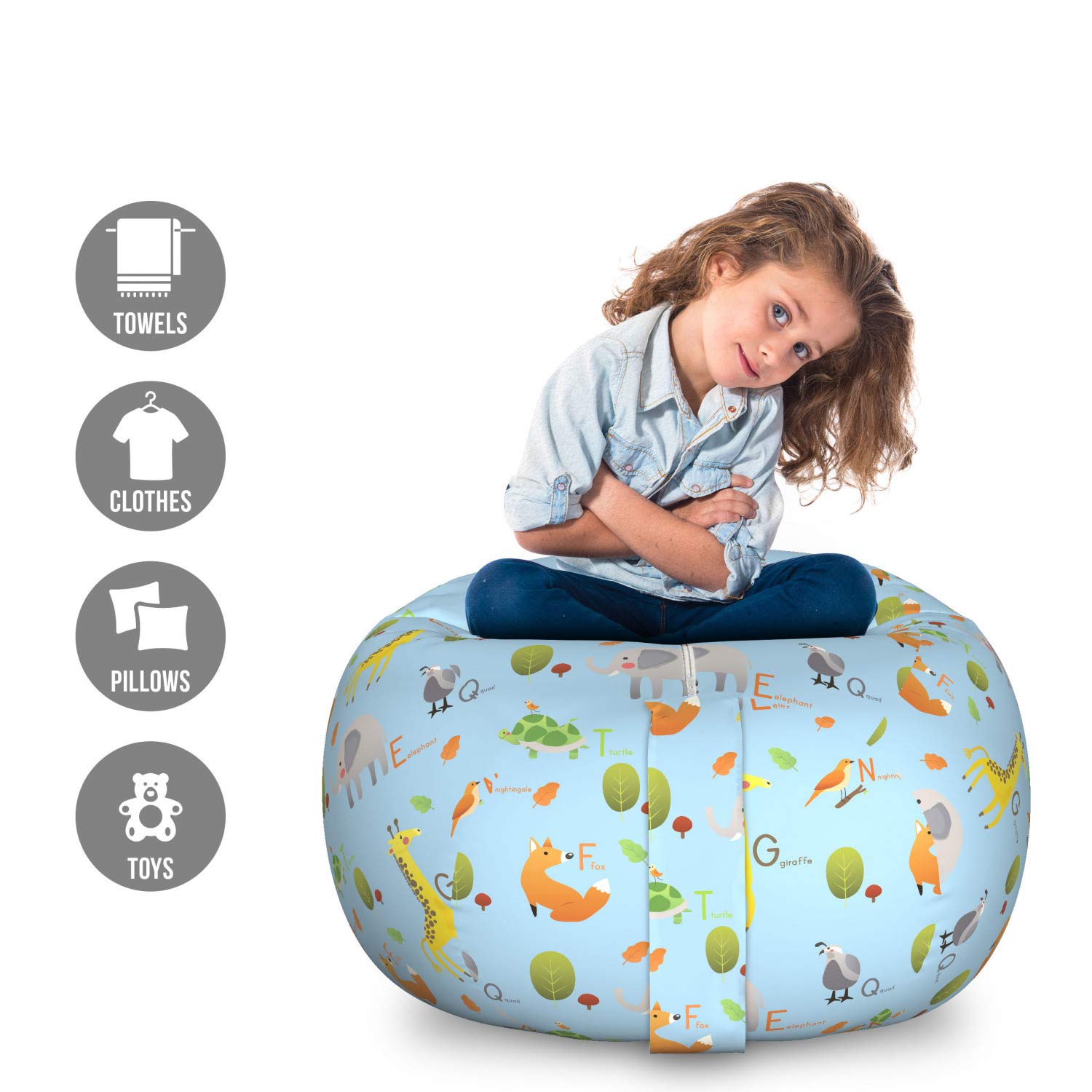 Ambesonne Alphabet Storage Toy Bag Chair - Large Washable Stuffed Animal Organizer with Funny Animal & Tree Letters Pattern in Pale Sky Blue & Multicolor - Perfect for Kids' Room, Playroom & Nursery Organization