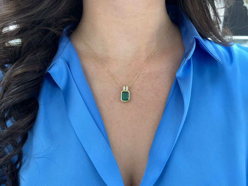 4.69tcw 18K Gold Pendant with Natural Dark Rich Green Emerald & Pave Diamond Accents - Elegant Bezel Set Split Bale Necklace for Women - Perfect for Weddings, Parties & Special Occasions
