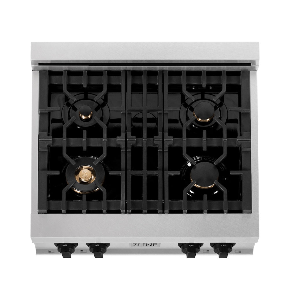 ZLINE Autograph Edition 30 Inch 4-Burner Gas Rangetop with Porcelain Cooktop - Satin Stainless Steel & Matte Black Accents (RTSZ 30 MB) | Professional Kitchen Stove for Home Chefs & Cooking Enthusiasts