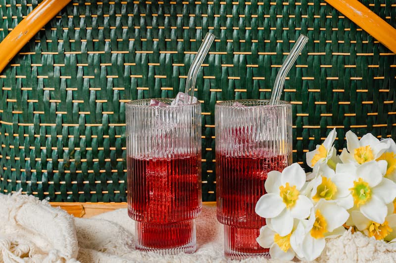 Premium 4-Piece Ribbed Glass Drinking Set with Glass Straws & Cleaner - Iced Coffee & Cocktail Tumblers - Perfect Housewarming Gift for New Home - Ideal for Parties, Daily Use & Home Decor
