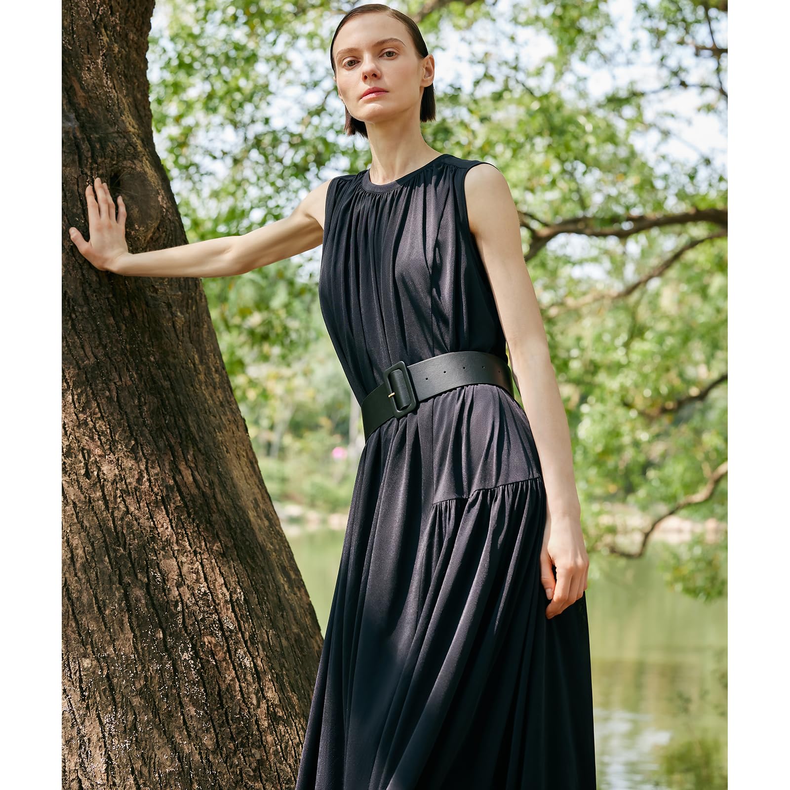 2025 Women's Summer Black Sleeveless Maxi Dress with Belt - Elegant Formal Wedding Guest Dress for Beach Parties & Evening Events