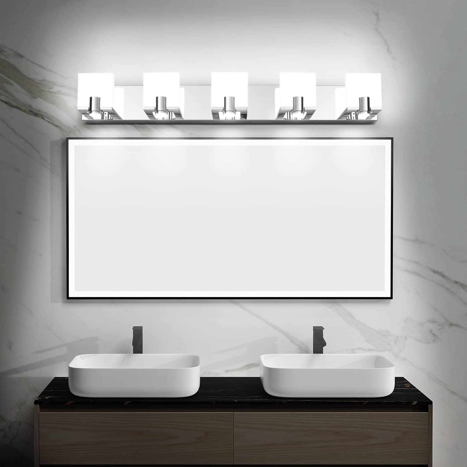 Modern LED Dimmable Bathroom Vanity Light - 5 Lights Chrome Fixture (Cool White 6000K) for Home Decor